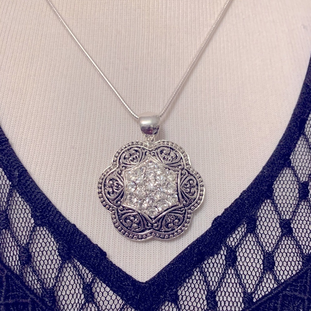 Noelle medallion necklace, silver color w crystals